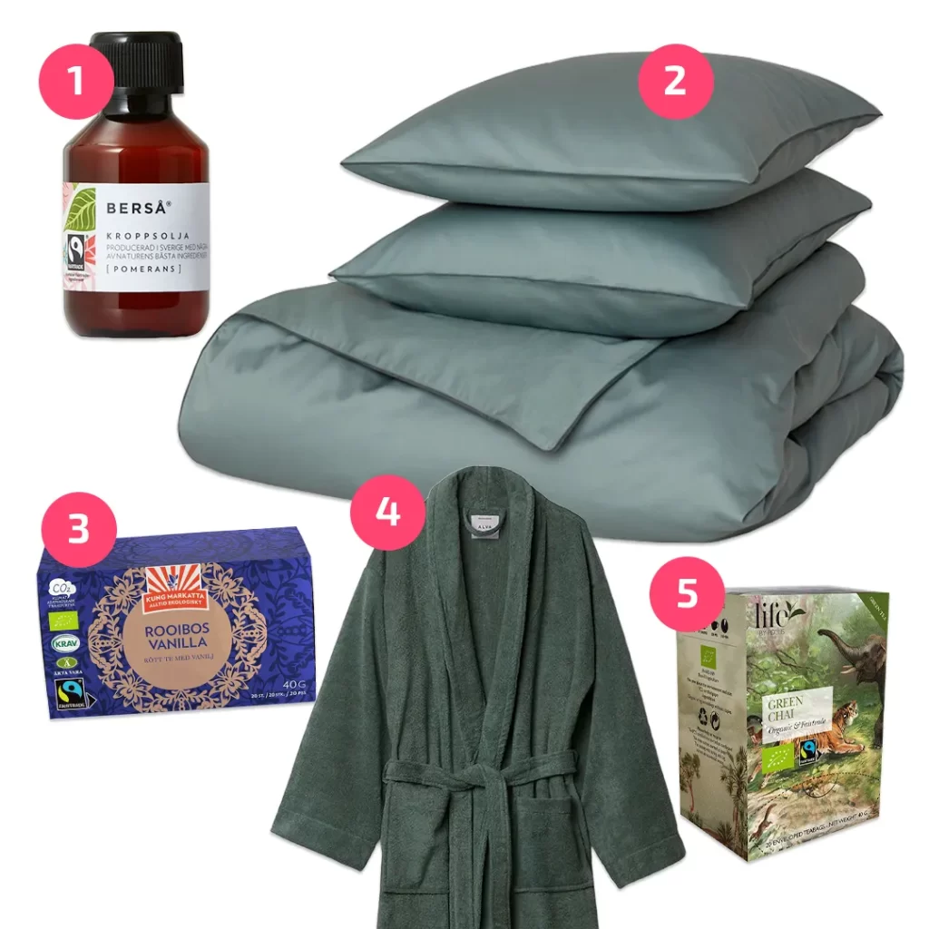 Julklappstips för avslappnande julklappar såsom te, påslakan, kroppsolja, allt Fairtrade-märkt