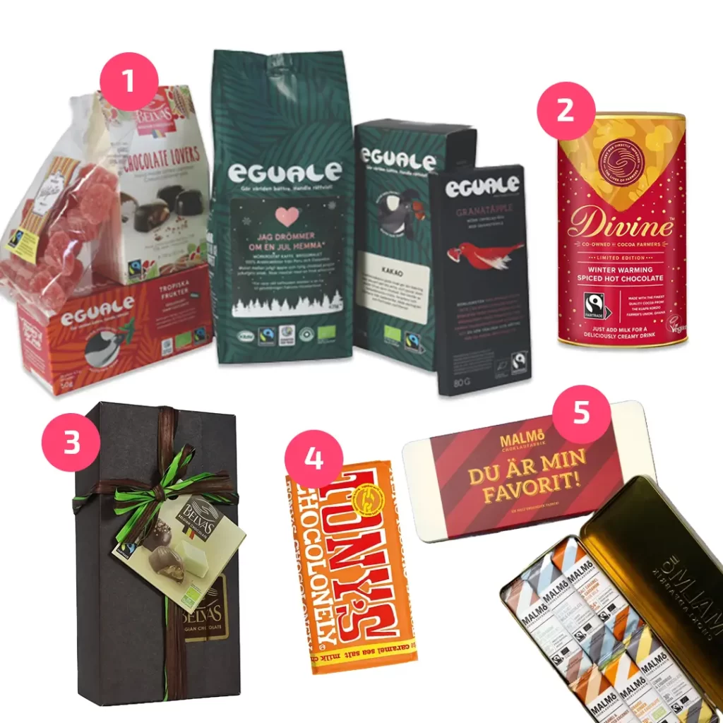 Julklappstips för goda och ätbara julklappar såsom chokladdryck, chokladask och julkaffe