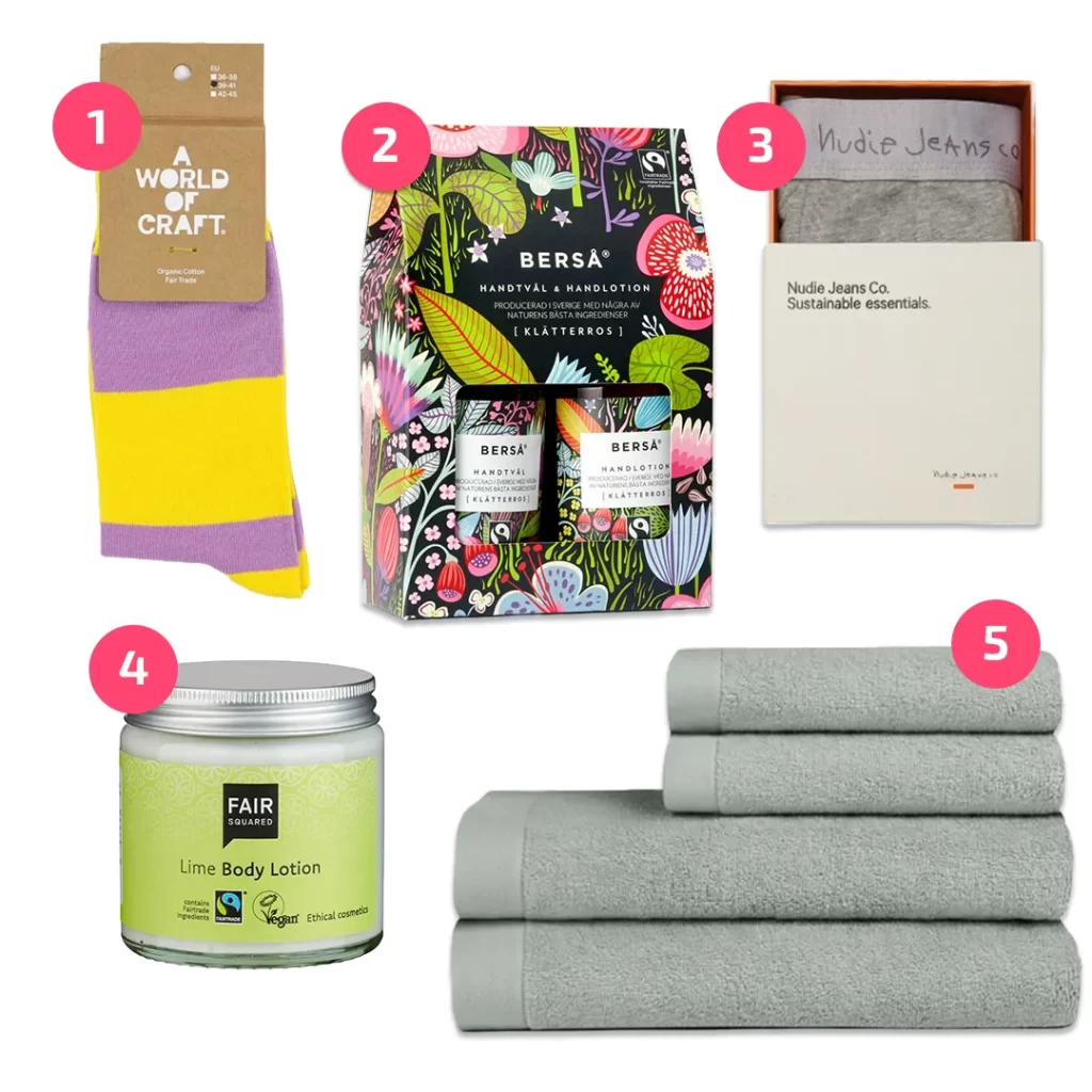 Julklappstips för Fairtrade-märkta mjuka julklappar såsom strumpor, handkräm, body lotion och handdukar