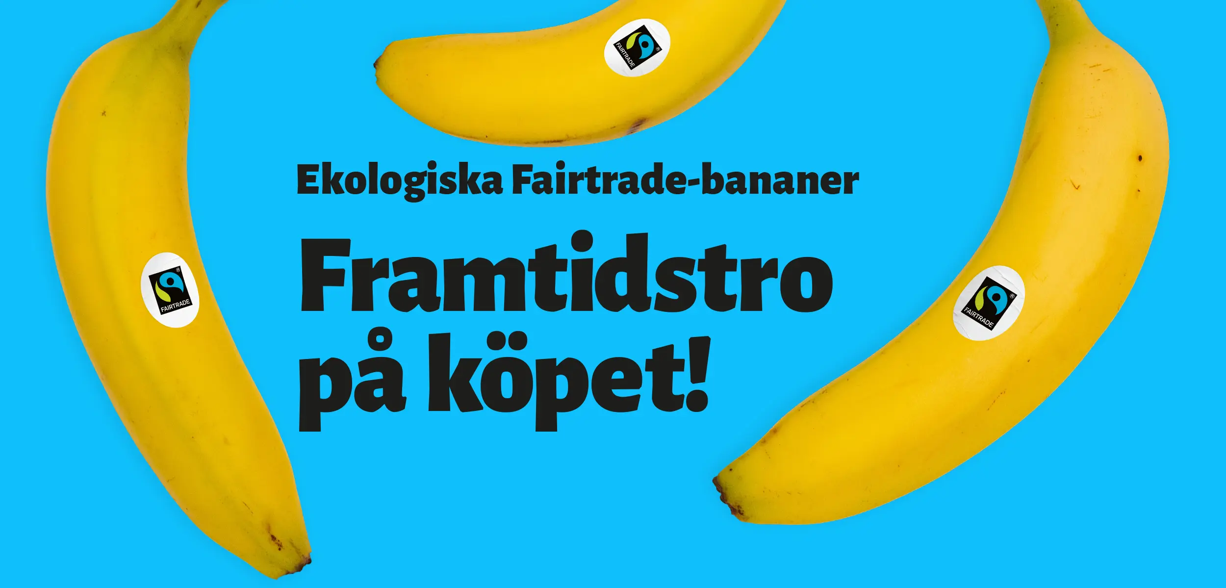 Fairtrade-bananer på en blå bakgrund med texten "framtidstro på köpet"