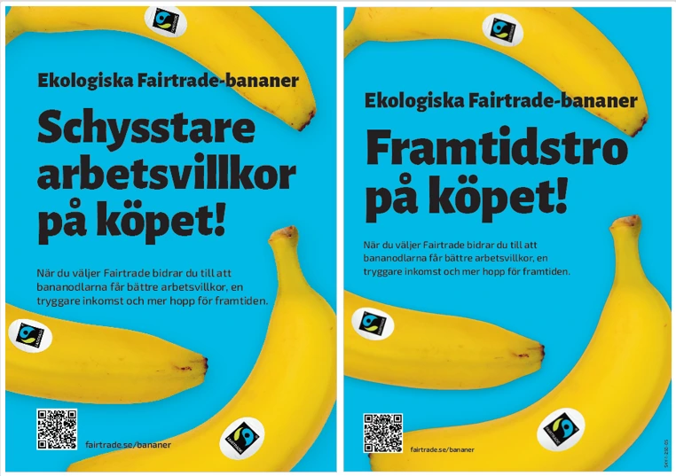 Butiksmaterial från Fairtrade Sverige för Fairtrade-märkta bananer som användes i studie med Retail Academics: undersökning om butiksmaterial kan få kunder att handla hållbart i större utsträckning